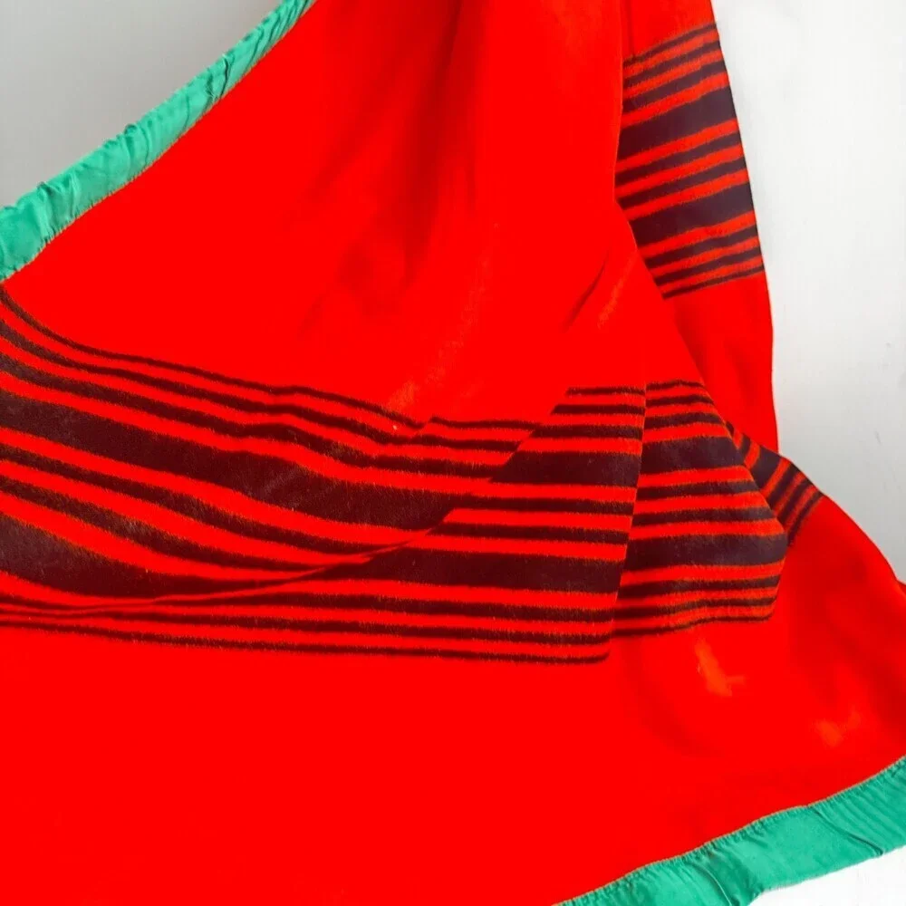 Vintage Swan Wool Neon Pink Orange W Green Satin Trim Blanket